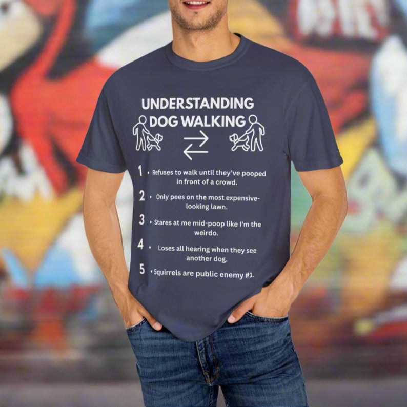 Dog Walk Diaries t-shirt mockup in Denim showing the dog walking routine design