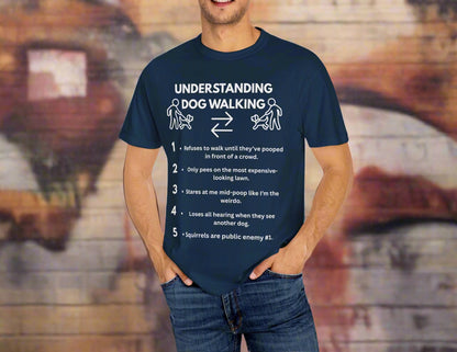 Dog Walk Diaries funny dog walking t-shirt in Denim, front view