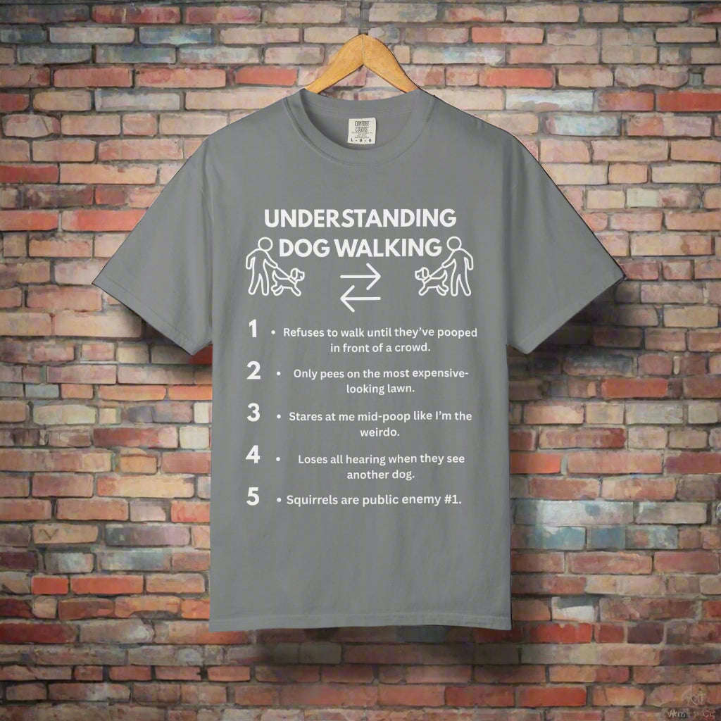Dog Walk Diaries funny dog walking t-shirt in Grey, design close-up