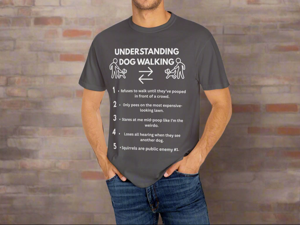 Dog Walk Diaries funny dog walking t-shirt in Grey, front view