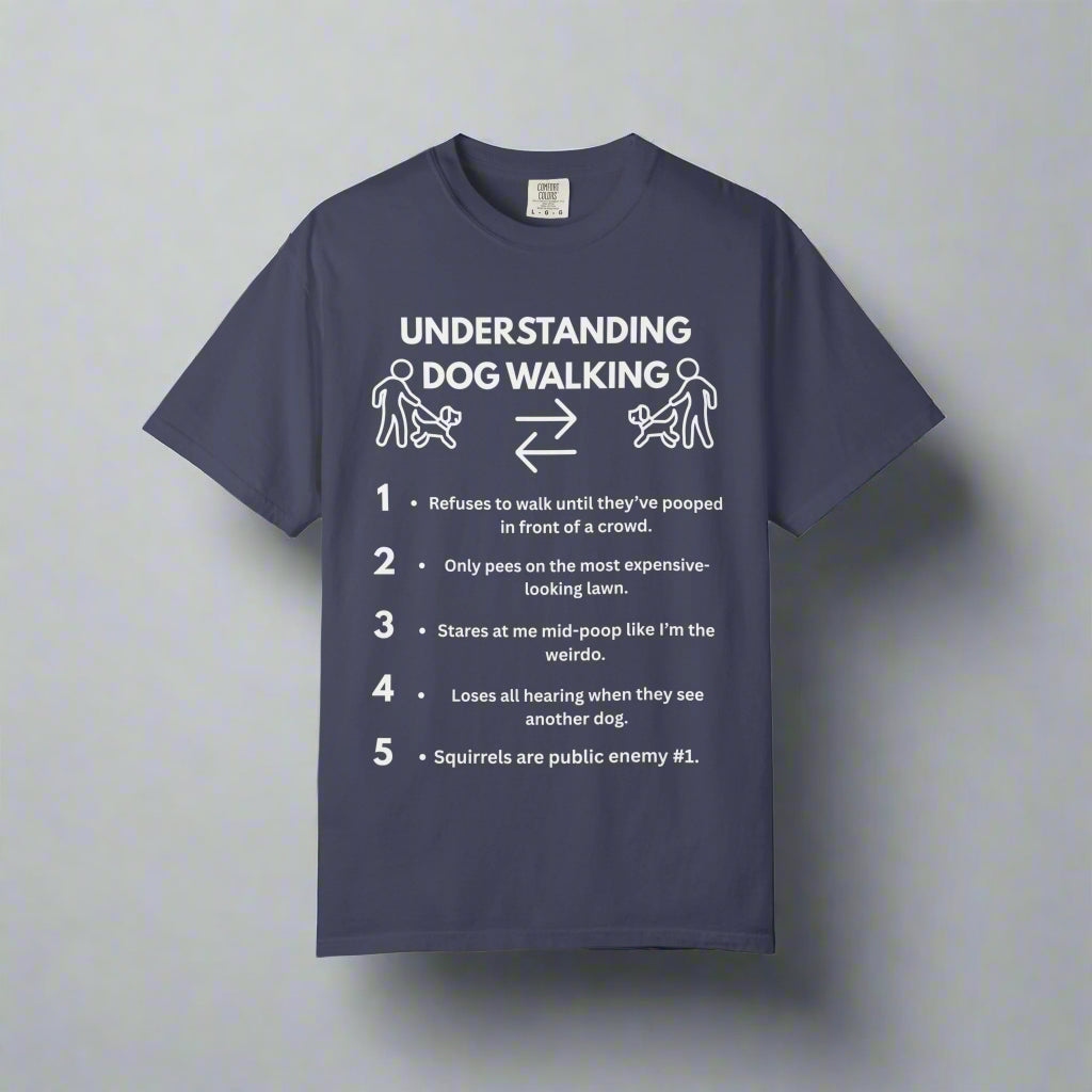 Dog Walk Diaries funny dog walking t-shirt in True Navy, design close-up