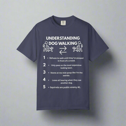 Dog Walk Diaries funny dog walking t-shirt in True Navy, design close-up