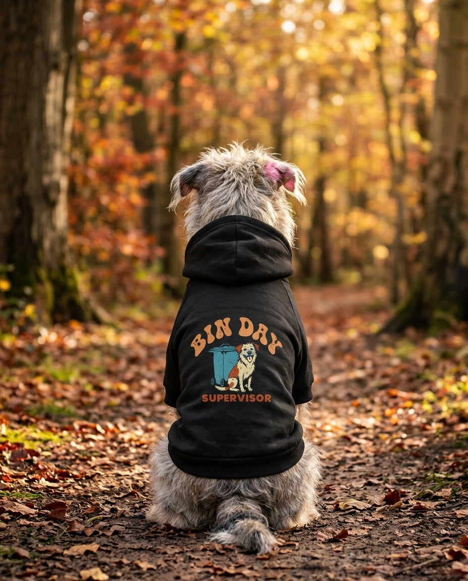 Dog sitting on an autumn path wearing the black Bin Day Supervisor Dog Hoodie, back view — SniffWaggleNWalk™