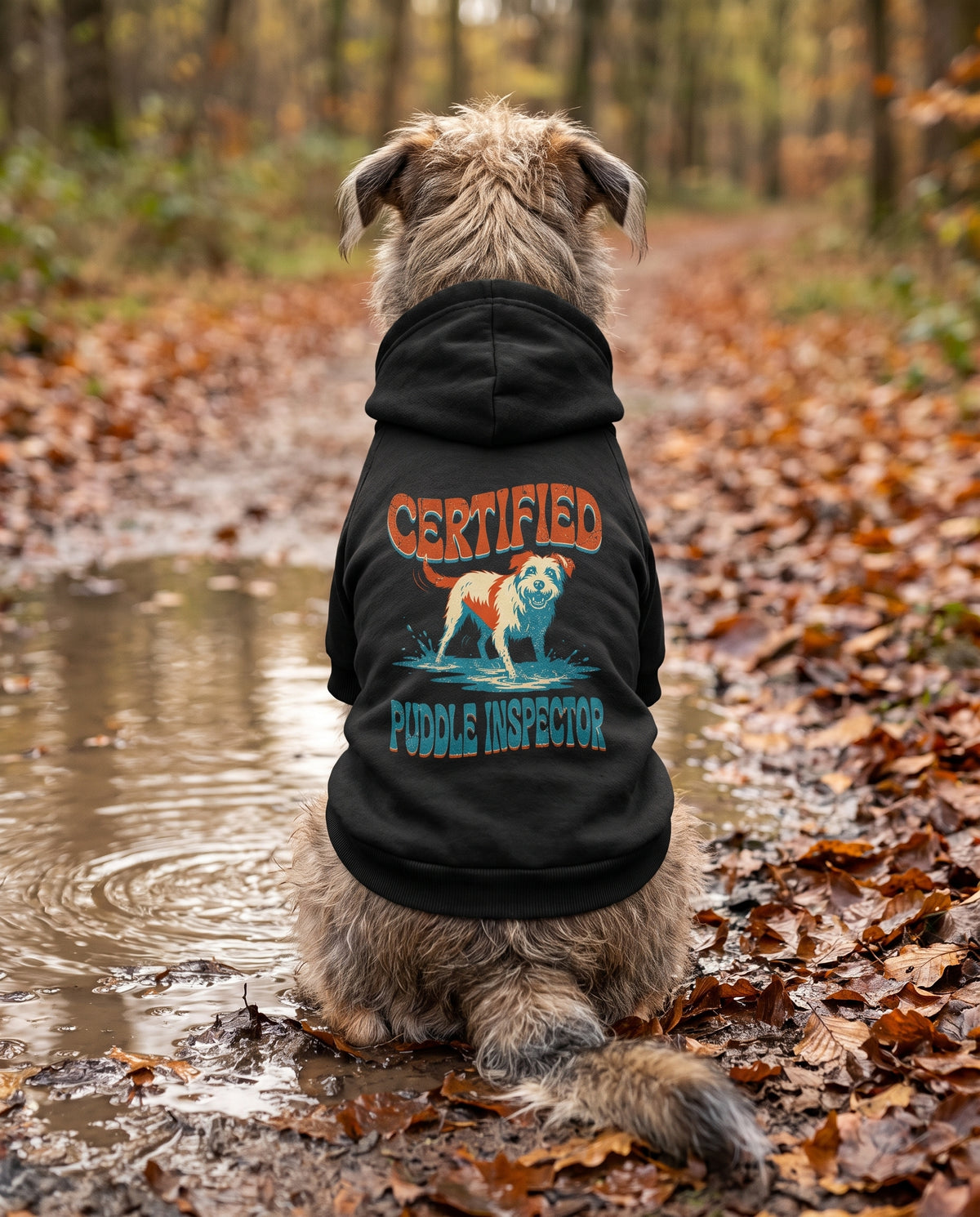 Dog sitting on an autumn path wearing the black Certified Puddle Inspector Dog Hoodie, back view — SniffWaggleNWalk™