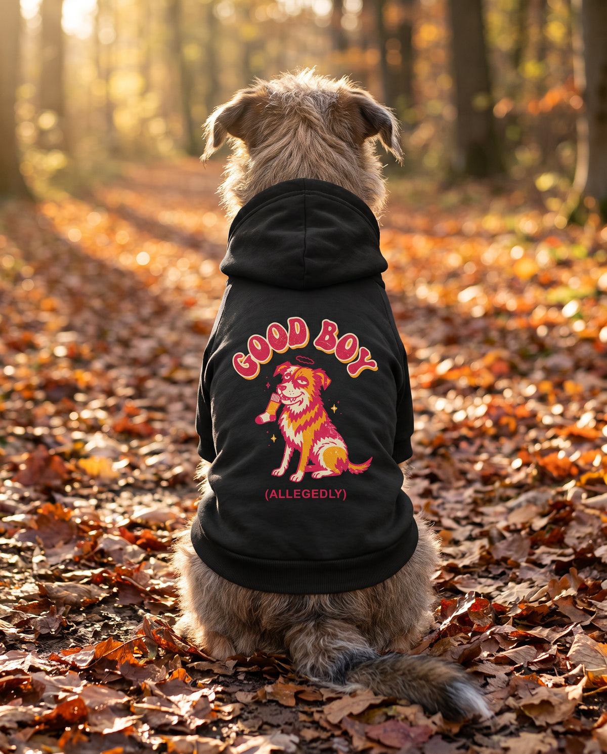 Dog sitting on an autumn path wearing the black Good Boy (Allegedly) Dog Hoodie, back view — SniffWaggleNWalk™
