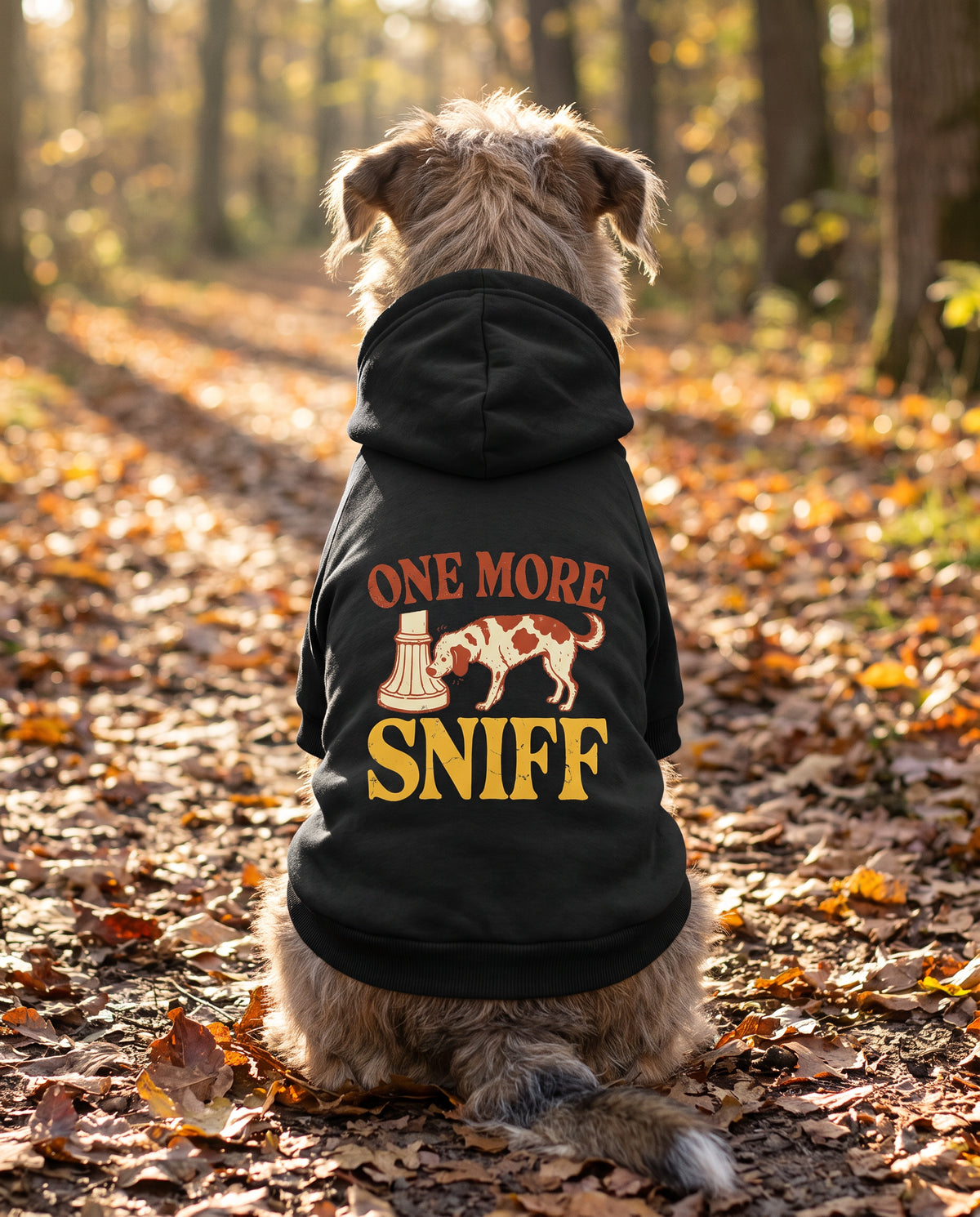 Dog sitting on an autumn path wearing the black One More Sniff Dog Hoodie, back view — SniffWaggleNWalk™