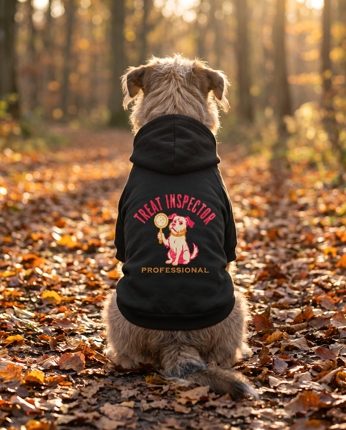 Dog sitting on an autumn path wearing the black Treat Inspector Dog Hoodie, back view