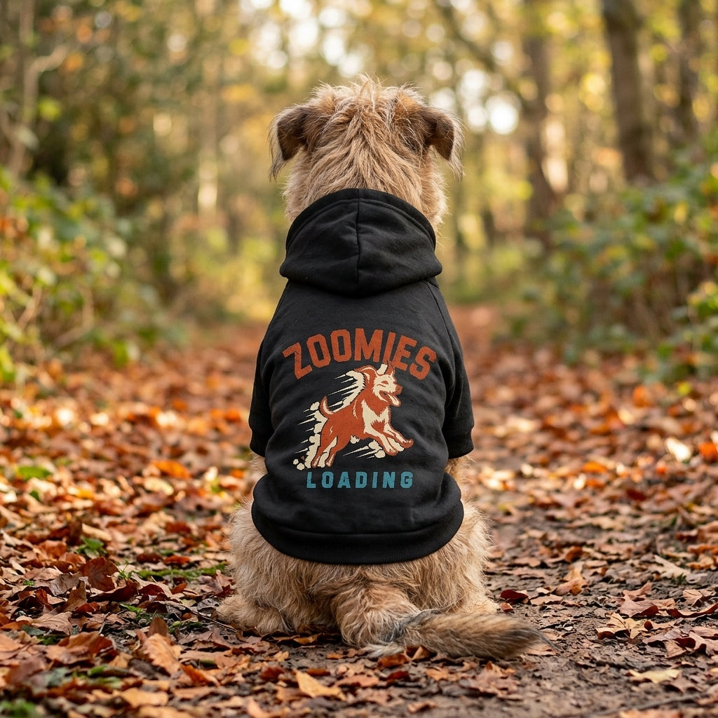 Dog sitting on an autumn path wearing the black Zoomies Loading Dog Hoodie, back view — SniffWaggleNWalk™