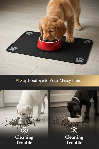 dogs drinking water from a bowl placed on Small DryPaws absorbent pet feeding mat in grey