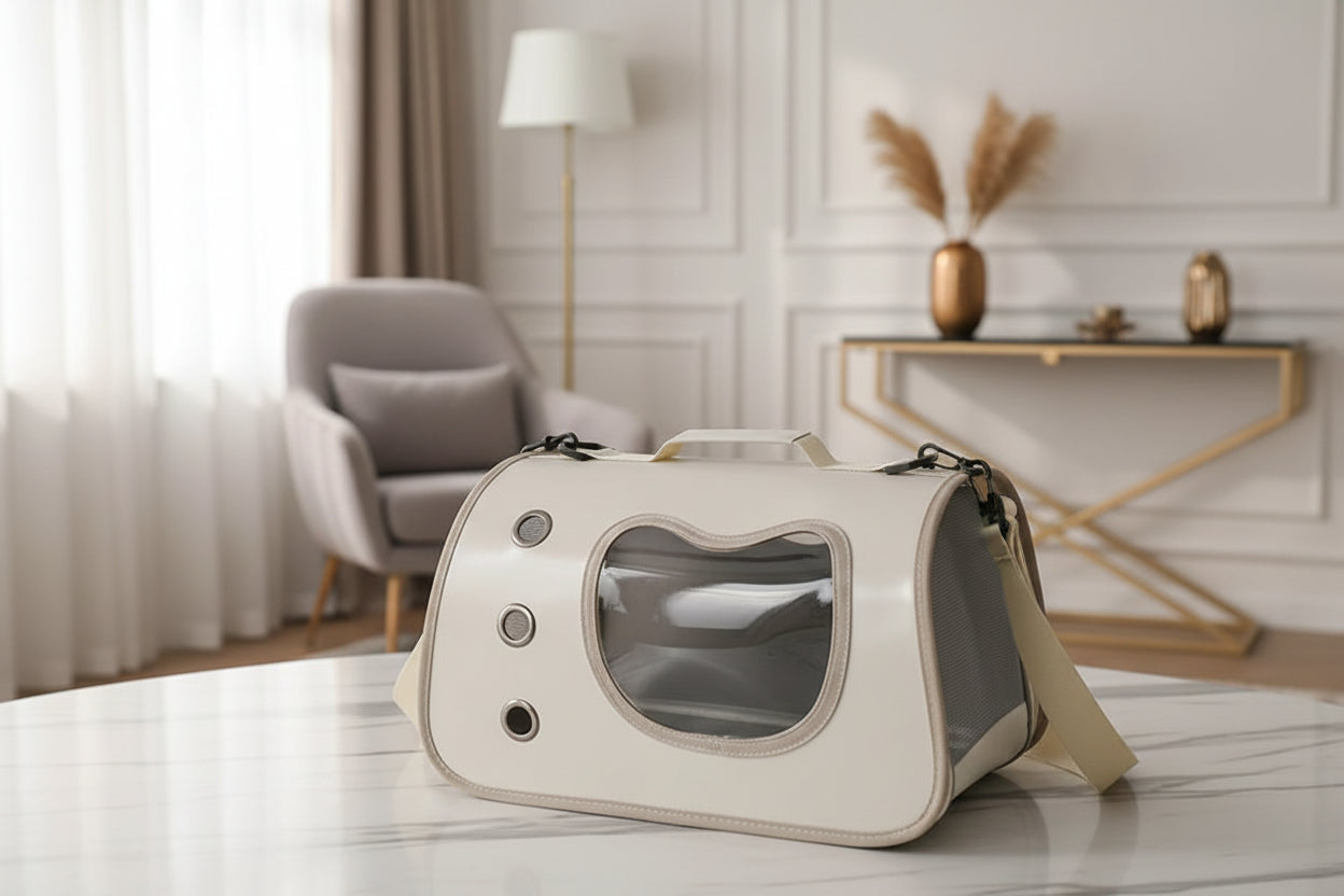 Pet carrier shaped like a spaceship on a light-colored surface