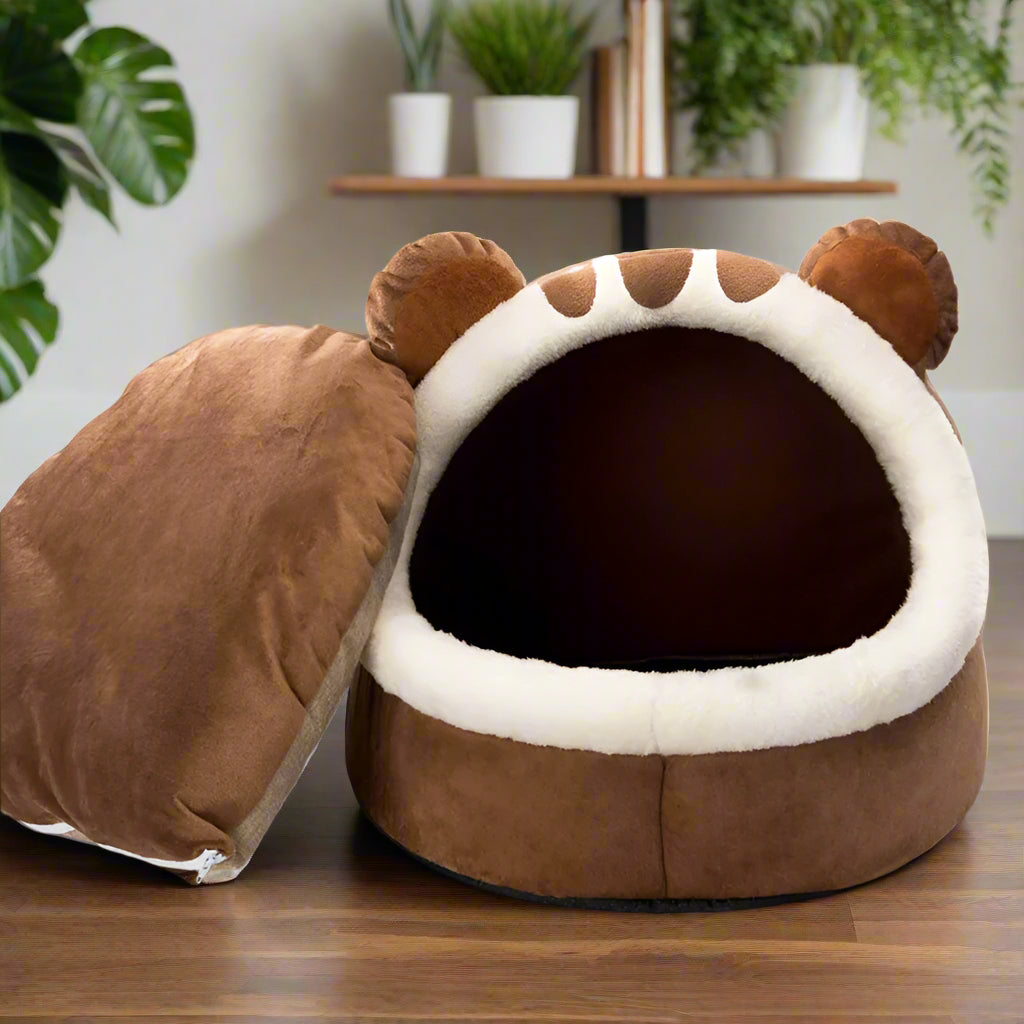 Bear-shaped hooded cave dog bed in brown with cream sherpa lining - PoshPup SnugCave
