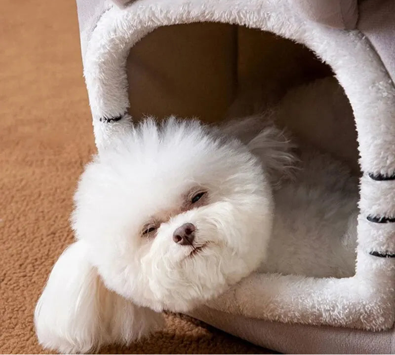 White fluffy dog sleeping inside PoshPup CozyCottage character house pet bed — SniffWaggleNWalk