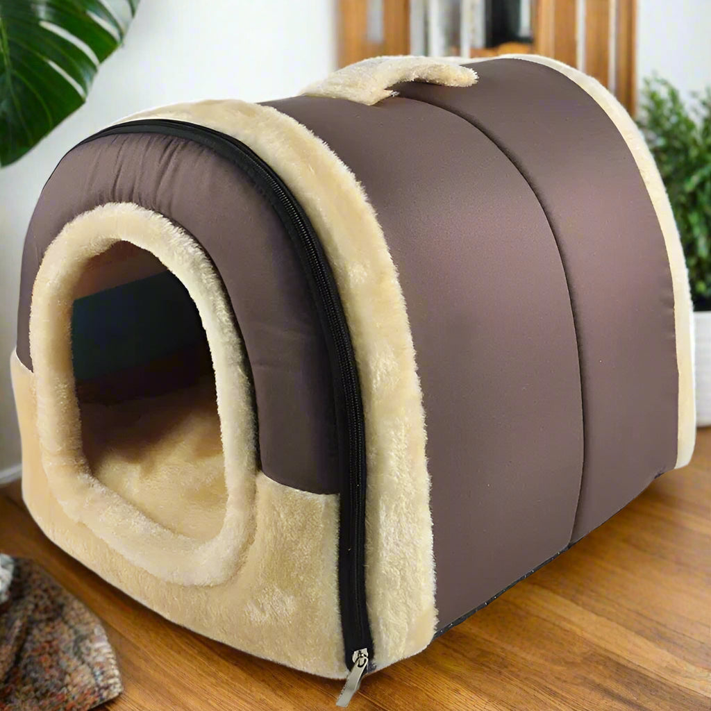 PoshPup DenHouse™ Brown Polka Dots kennel bed — chocolate brown with white dots and cream sherpa lining