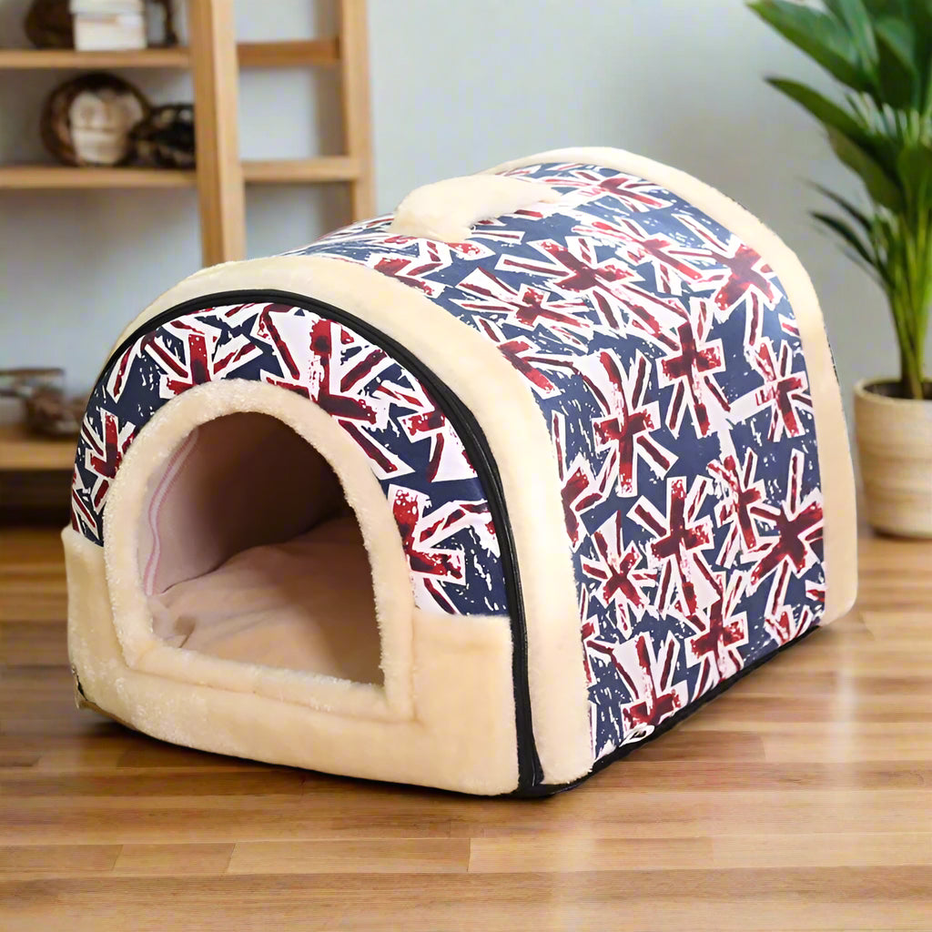 PoshPup DenHouse™ Union Jack and Navy Stars kennel beds — two designs shown together