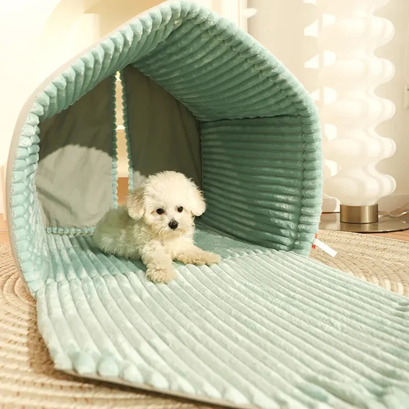 Interior of CampCozy tent bed showing ribbed mint plush lining and double curtain panels open