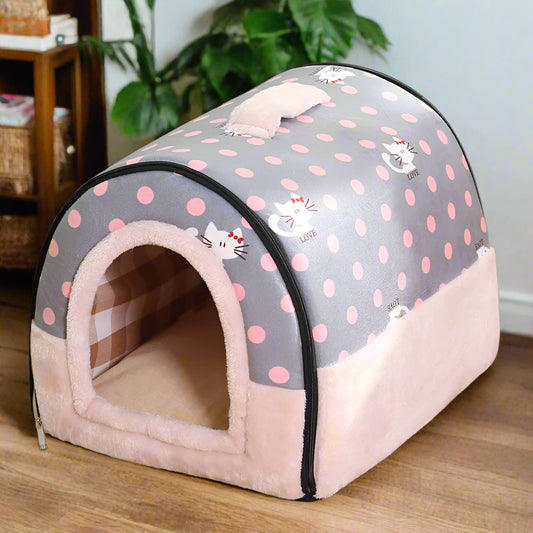 PoshPup DenHouse™ Pink Cat Love — pink polka dot base, grey cat print with LOVE text, sherpa interior