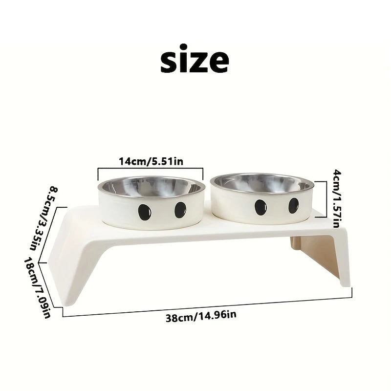 Pet feeding station with two bowls on a white background, showing measurements.