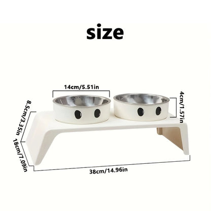 Pet feeding station with two bowls on a white background, showing measurements.