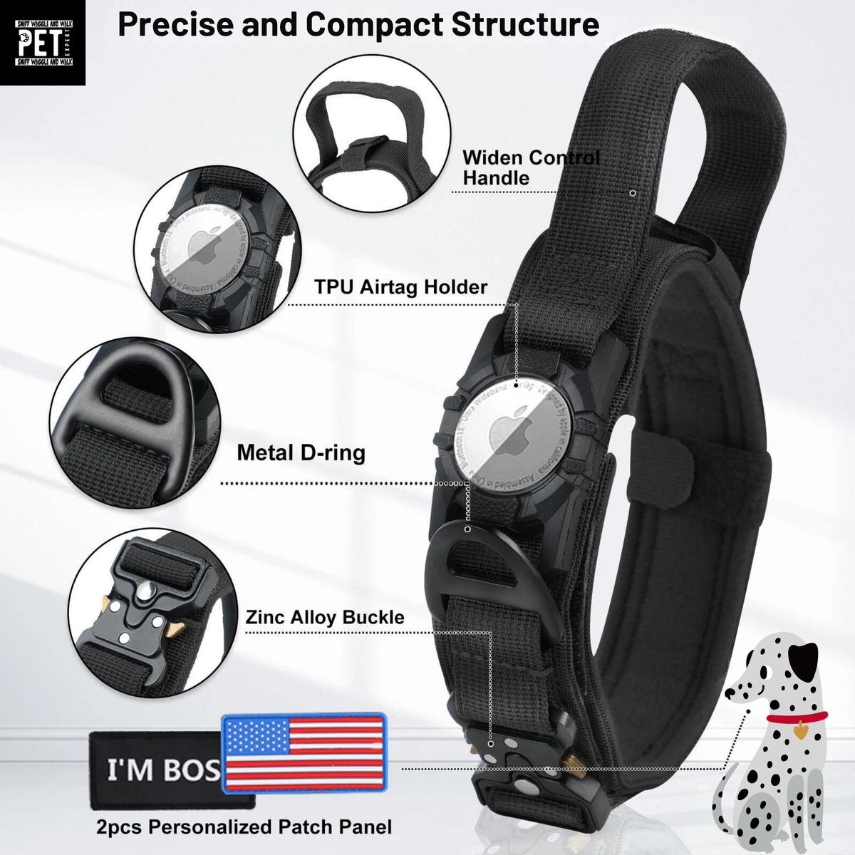 SniffWaggleNWalk TrackMate™ vs competitors comparison — built-in AirTag holder, zinc alloy buckle, wide handle, dual-layer nylon