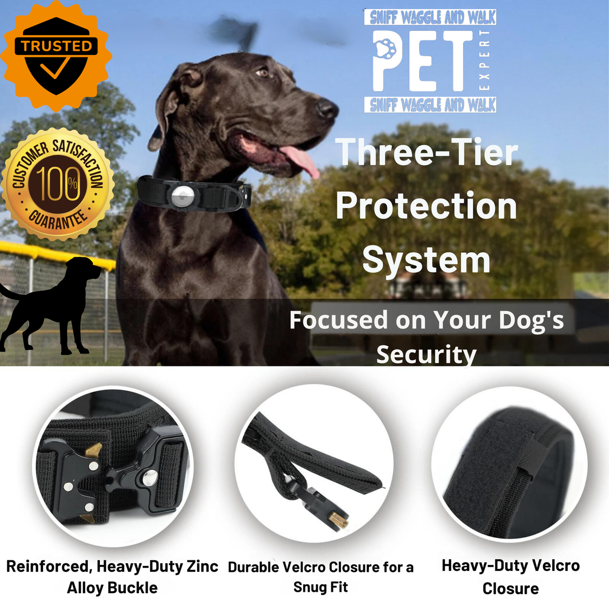 TrackMate™ collar components labelled — TPU AirTag holder, wide control handle, metal D-ring, zinc alloy buckle, patch panels