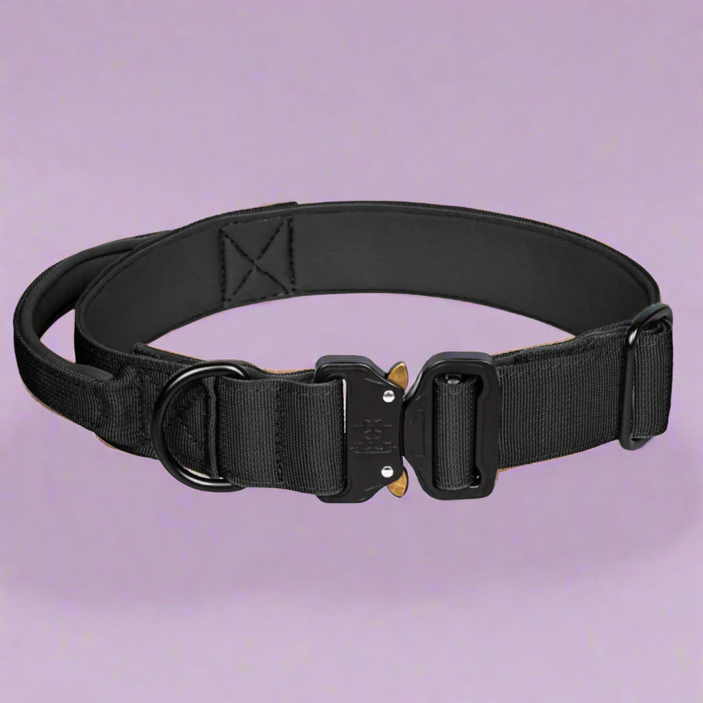 Black CobraCollar padded tactical dog collar — wear-resistant nylon webbing close-up