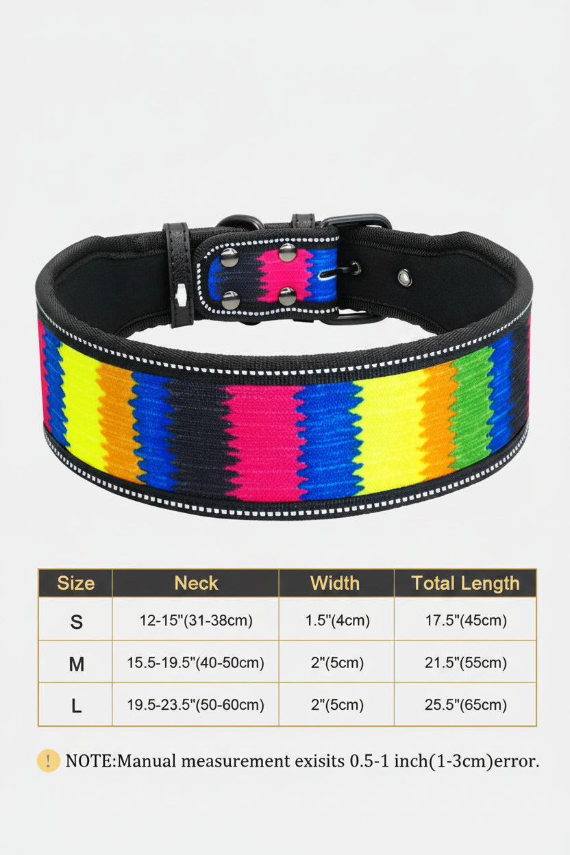 Colorful dog collar with size chart on a white background
