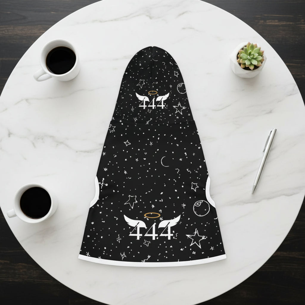 Black dog hoodie with white designs and 444 text white rib