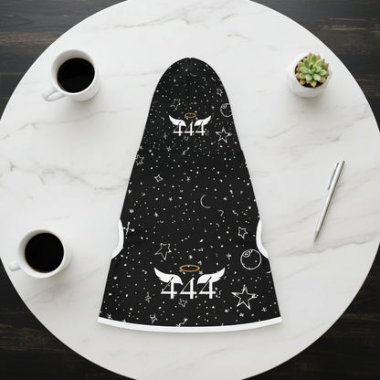 Black dog hoodie with white designs and 444 text white rib