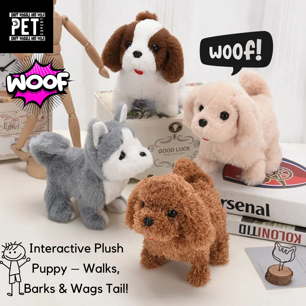 Golden Retriever WoofWalker™ electronic plush puppy toy with red traction lead and bell