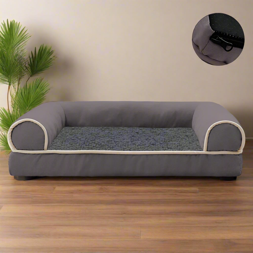 Dark grey suede and fleece pet sofa bed — Sniff Waggle And Walk