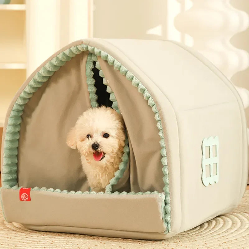 PoshPup CampCozy house-shaped tent pet bed in beige with mint pom-pom trim, small dog inside