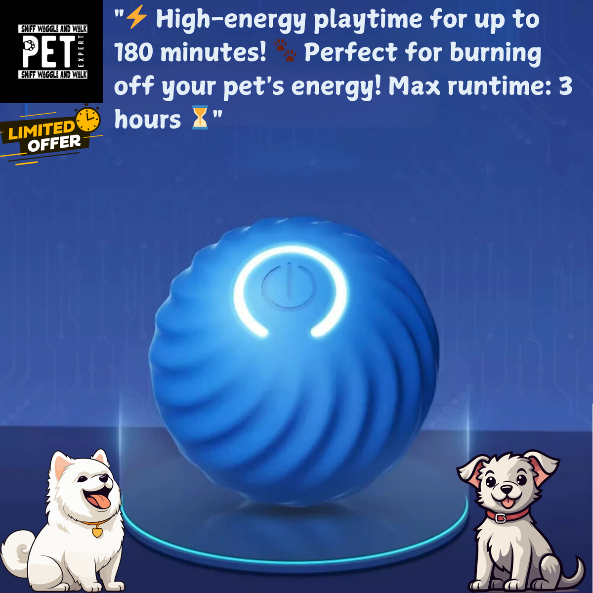 ZoomPup blue interactive dog ball self-rolling USB-C rechargeable