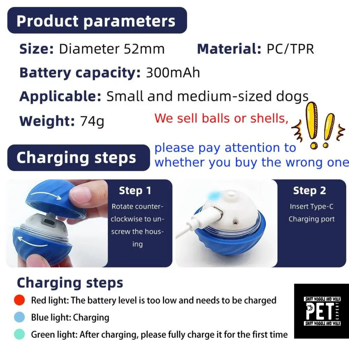 ZoomPup smart ball product parameters 52mm 300mAh charging guide