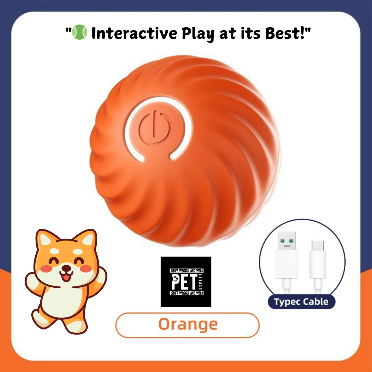 ZoomPup orange interactive rolling ball for dogs USB-C