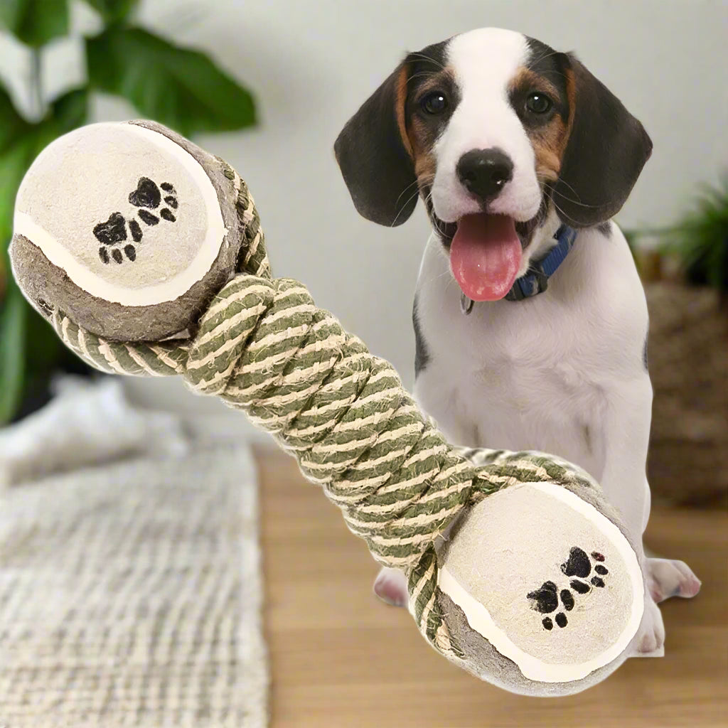 SniffWaggleNWalk EcoTug cotton rope dumbbell dog toy size guide 25cm length 6.5cm balls