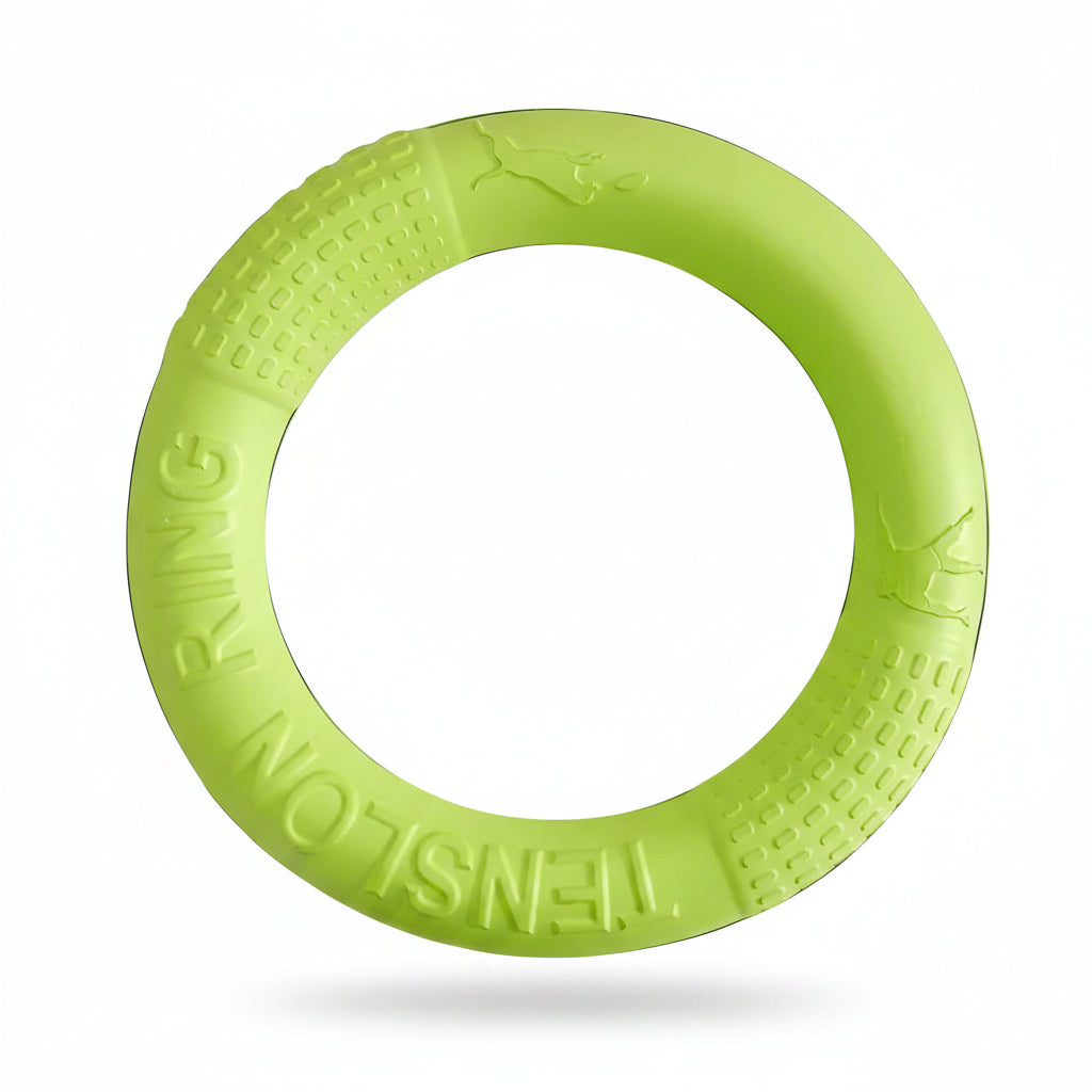Green rubber ring dog toy for fetch and tug — SniffWaggleNWalk TugRing™