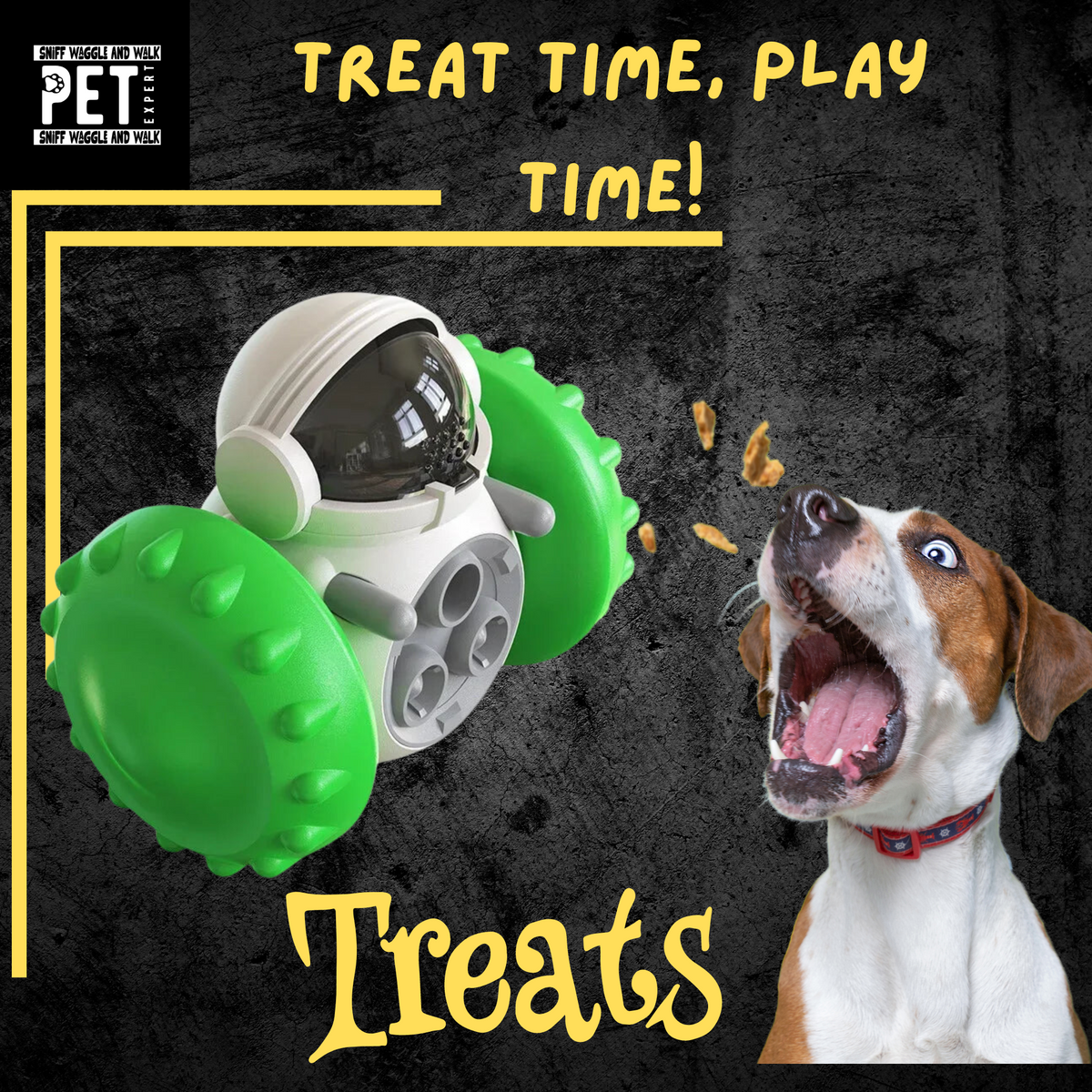 Black RollABite™ gravity treat dispenser robot dog toy on hardwood floor