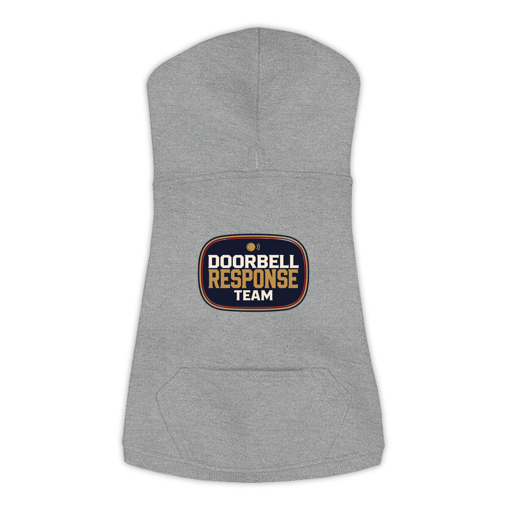 Doorbell Response Team dog hoodie in granite heather grey, sizes L to 3XL