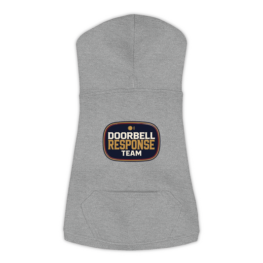 Doorbell Response Team dog hoodie in granite heather grey, sizes L to 3XL