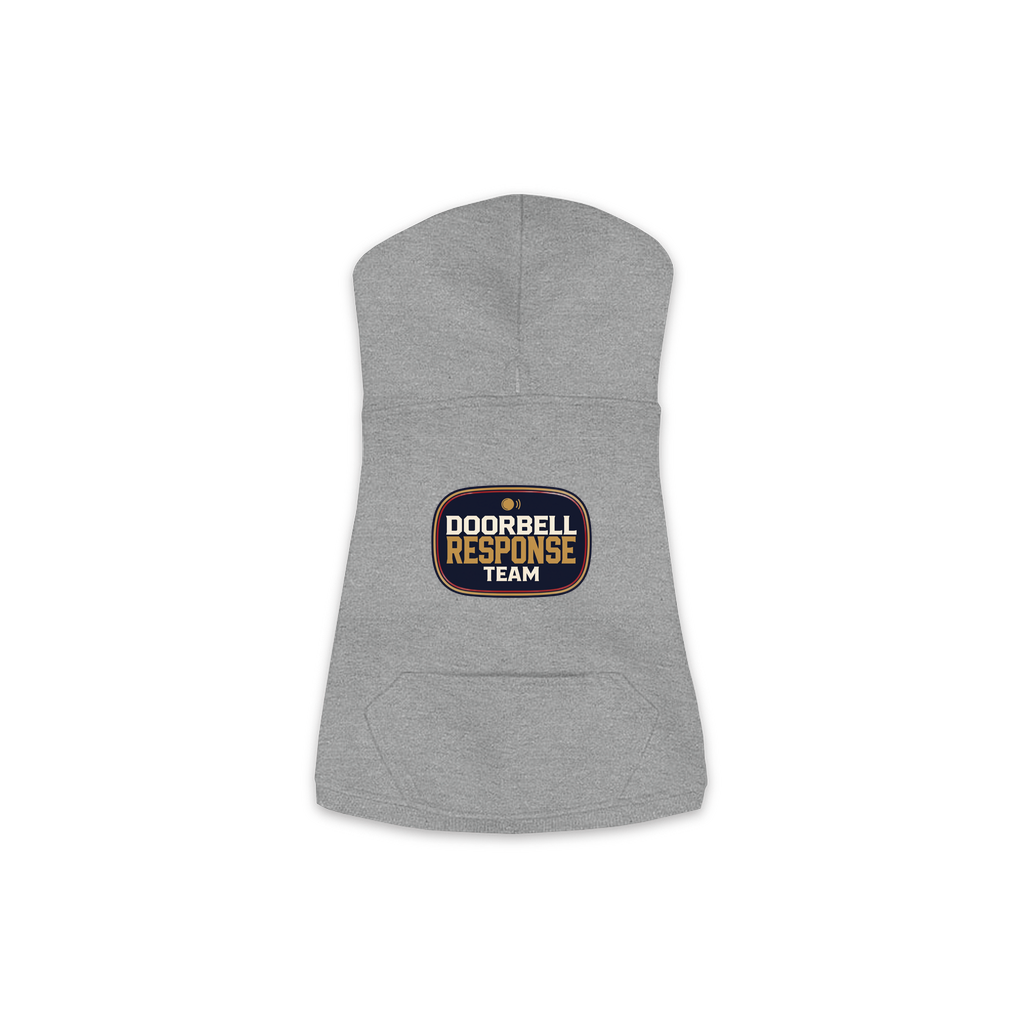 Doorbell Response Team dog hoodie in granite heather grey, sizes XS to M
