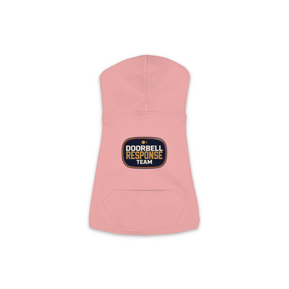 Doorbell Response Team dog hoodie in mauvelous pink, sizes XS to M