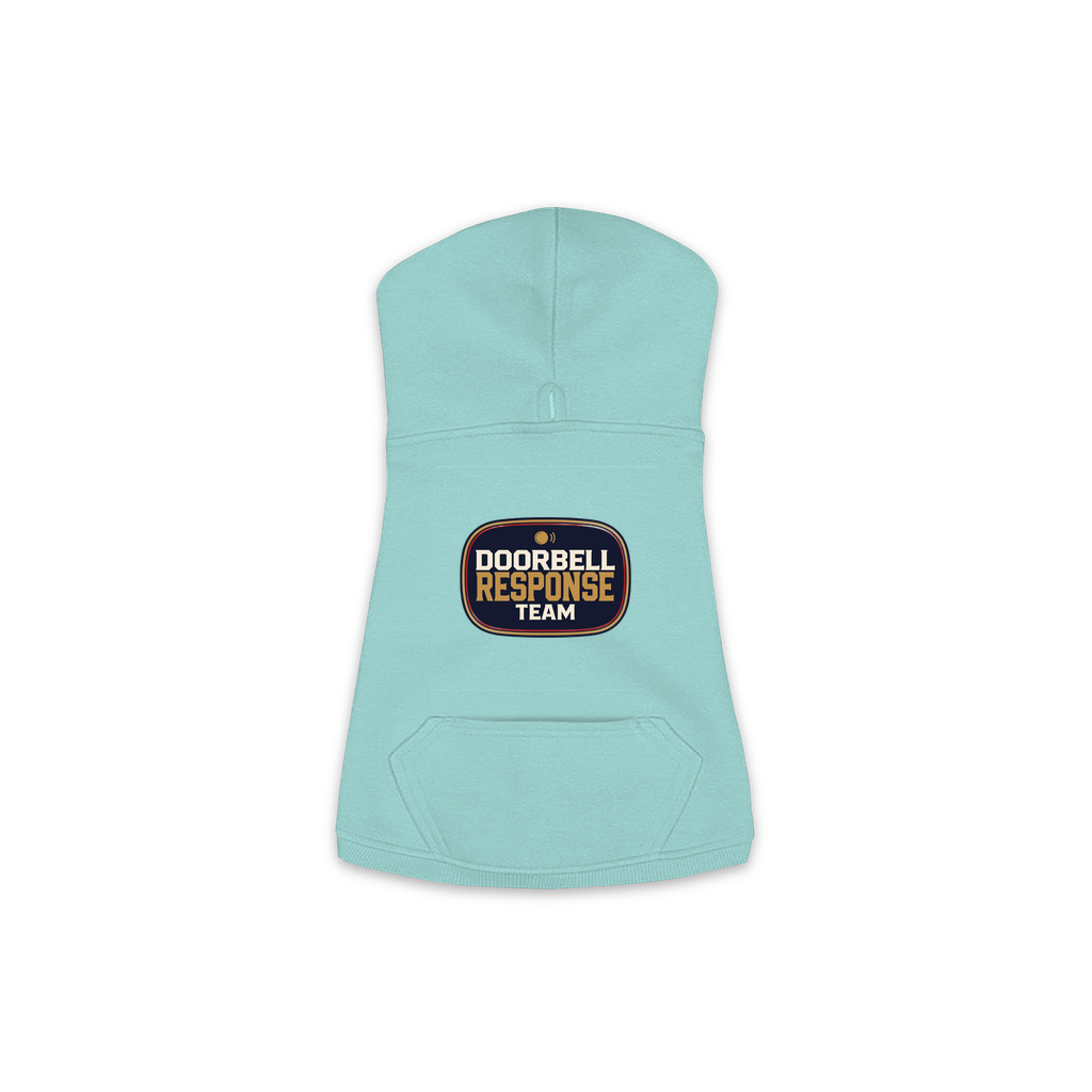 Doorbell Response Team dog hoodie in saltwater blue, sizes XS to M