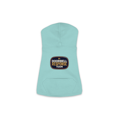 Doorbell Response Team dog hoodie in saltwater blue, sizes XS to M