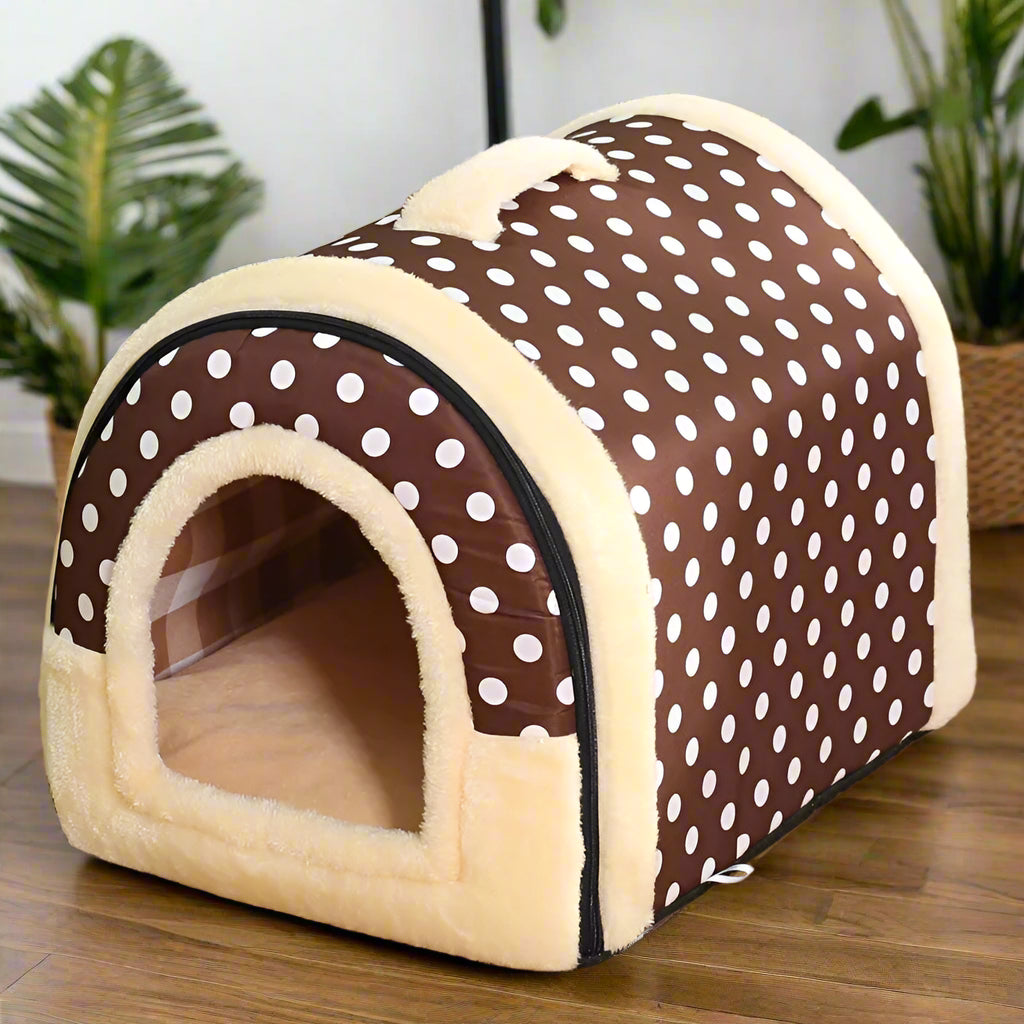 PoshPup DenHouse™ Navy Stars and Brown Polka Dots variants side by side — dome kennel in multiple designs