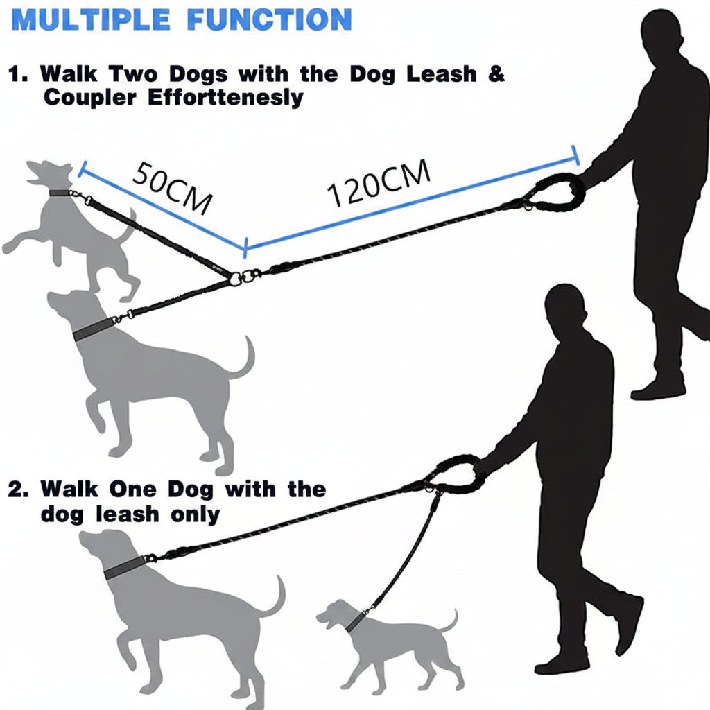DuoWalk™ dual dog lead diagram — 120cm main rope lead plus 50cm bungee couplers for walking two dogs at once