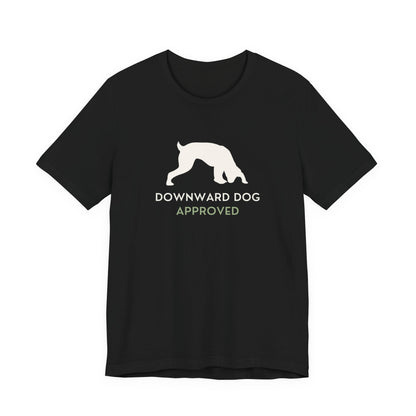 Downward Dog Approved yoga dog t-shirt close-up print detail