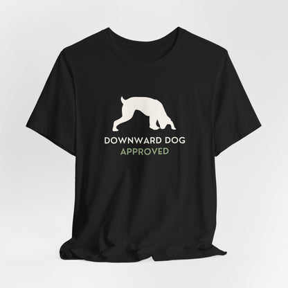 Downward Dog Approved yoga dog t-shirt fabric close-up