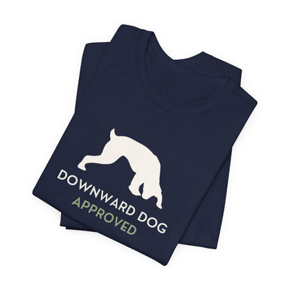 Downward Dog Approved yoga dog t-shirt full length front