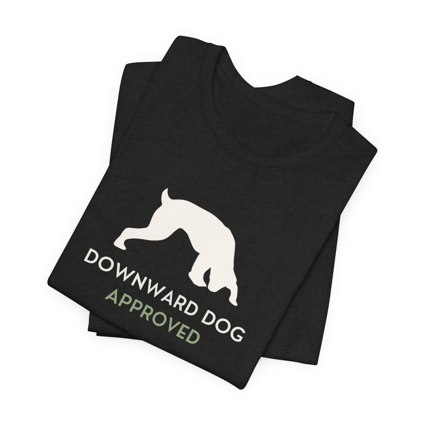 Downward Dog Approved yoga dog t-shirt worn by man front