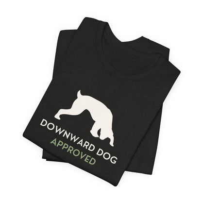 Downward Dog Approved yoga dog t-shirt worn by man front
